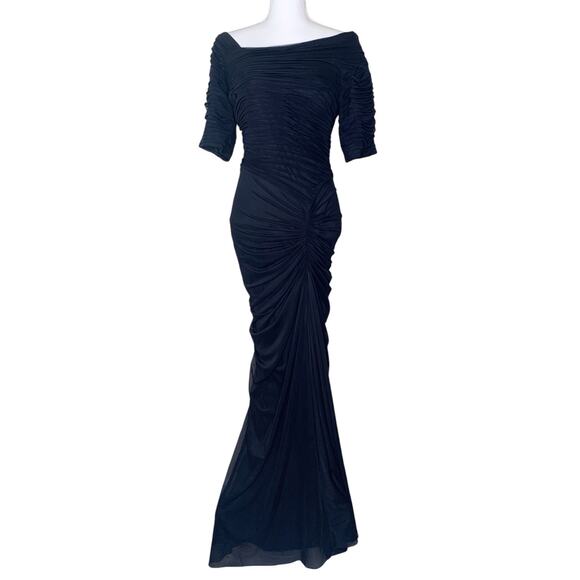 Tadashi Shoji Asymmetric Ruched Draped Black Mesh Sleeve Full Length Gown - Picture 2 of 7